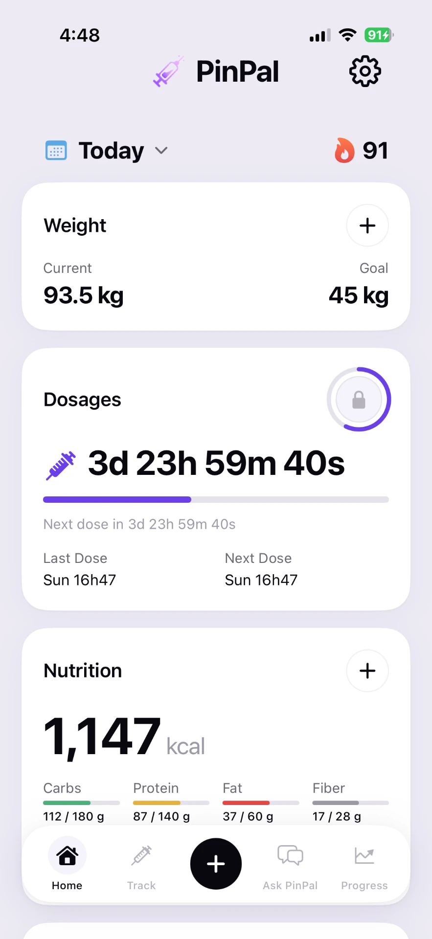 PinPal home screen showing weight, dosage countdown, and nutrition tracking